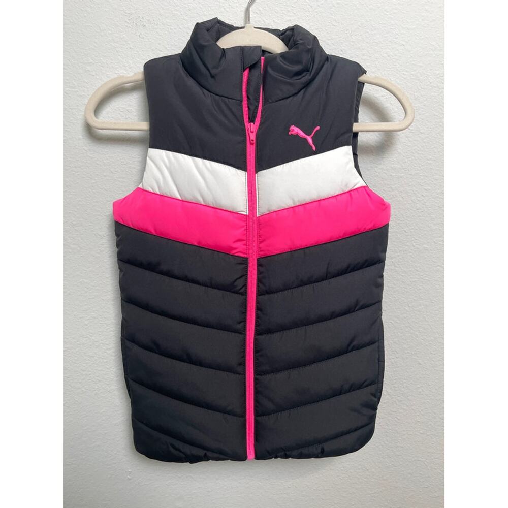 Puma Girls Puffer Vest Black Pink White Chevron Zip Sleeveless Jacket Size 7/8